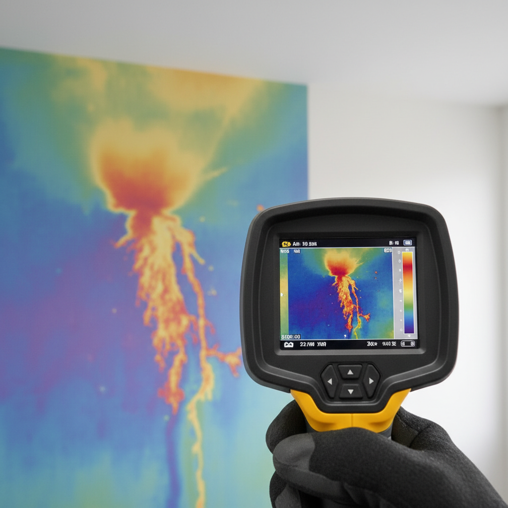 Image thermique montrant une fuite d'eau derrière un mur