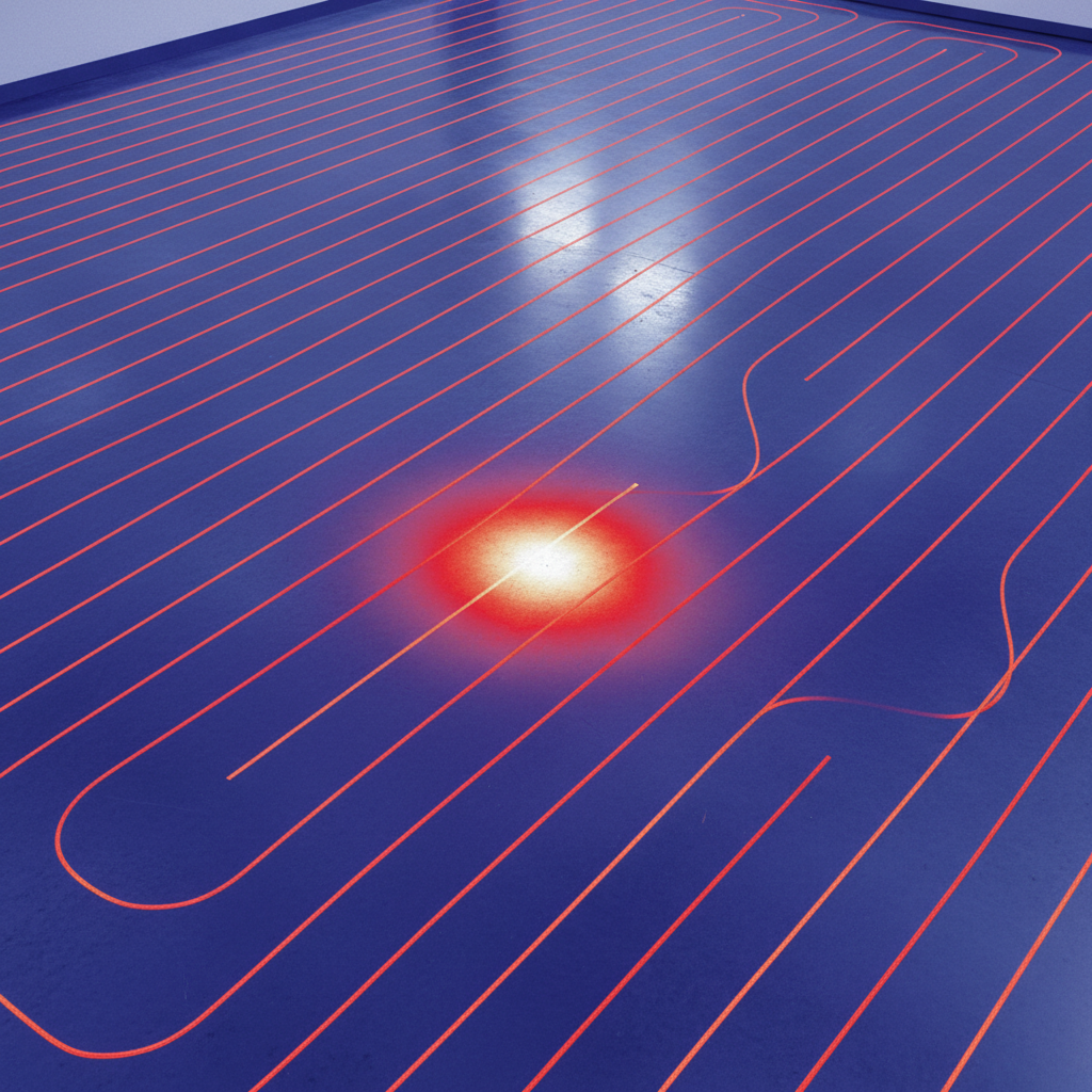 Image thermique d'un plancher chauffant montrant le tracé des tubes et le point de fuite