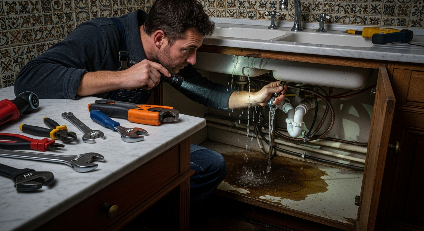 Plombier inspectant une fuite de robinet en Île-de-France