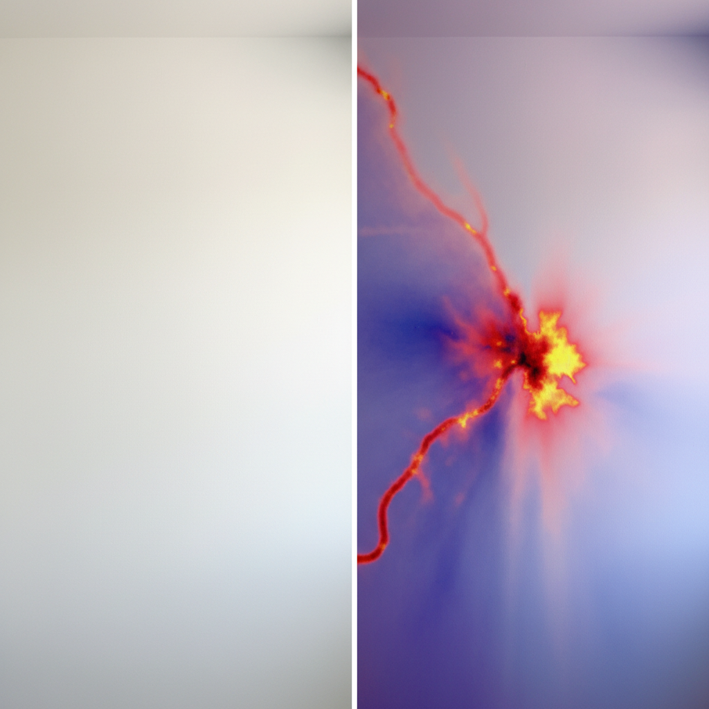 Image thermique infrarouge montrant une fuite d'eau chaude derrière un mur