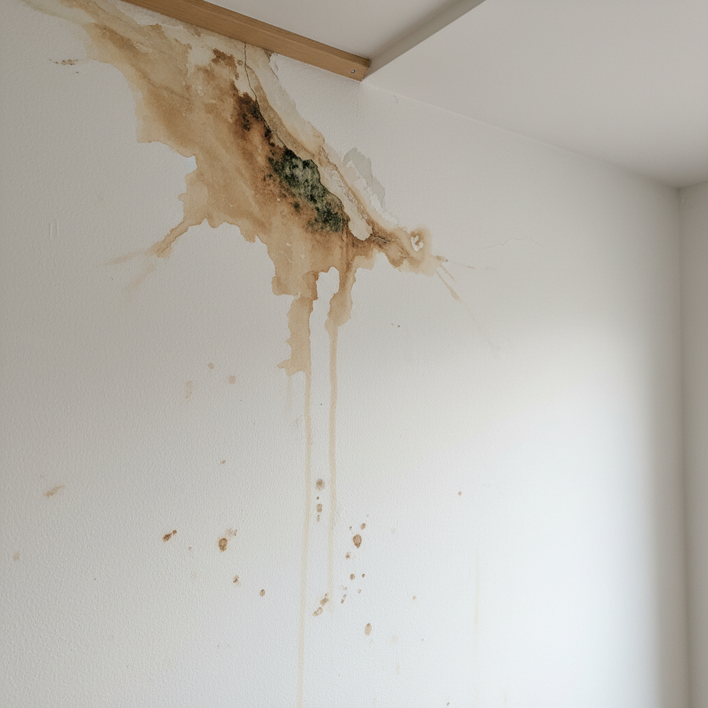 Mur avec traces d'humidité et moisissures révélant une fuite d'eau cachée