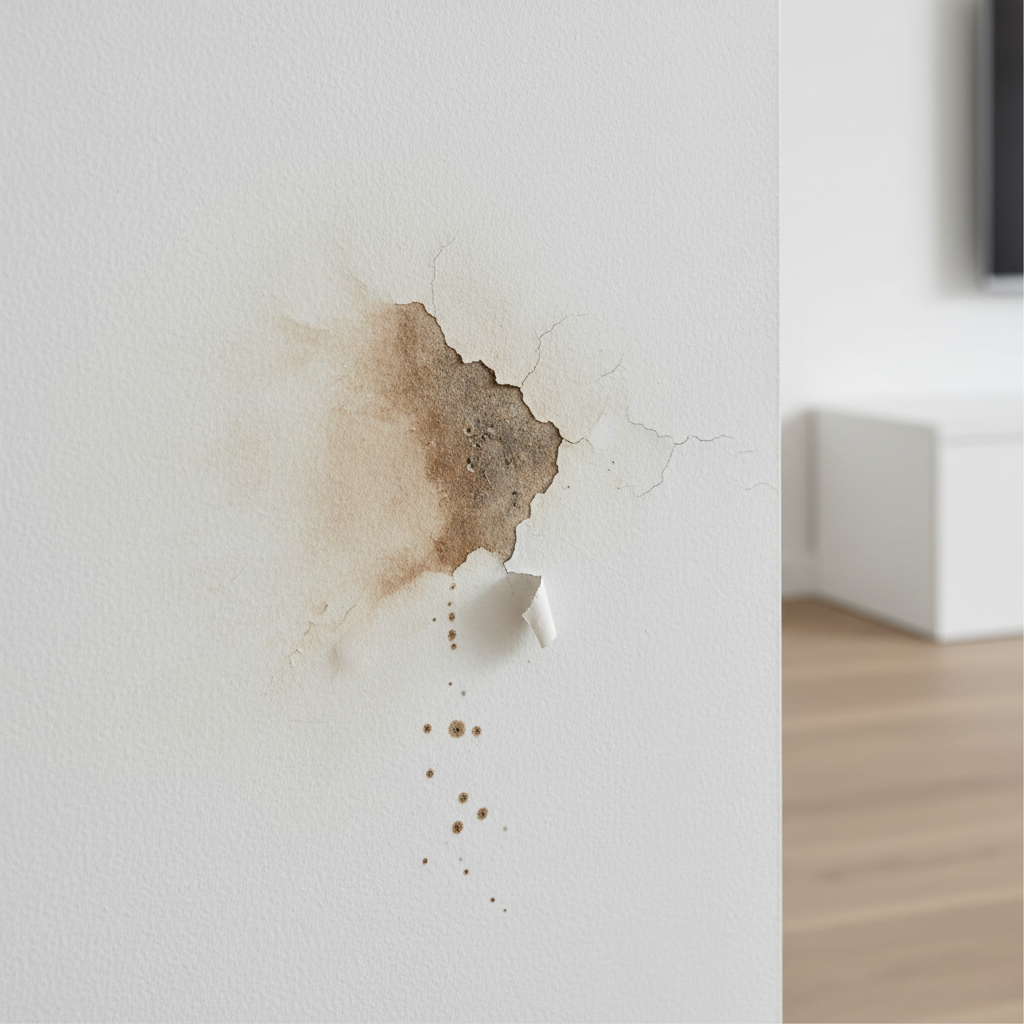 Tache d'humidité brune sur un mur blanc révélant une fuite d'eau cachée