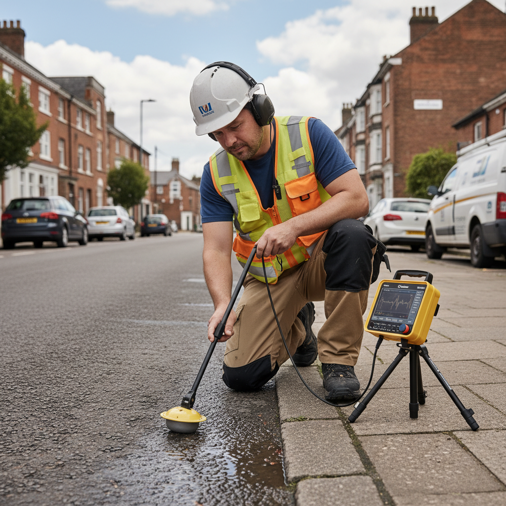 Technicien utilisant un équipement d'écoute acoustique pour détecter une fuite d'eau souterraine