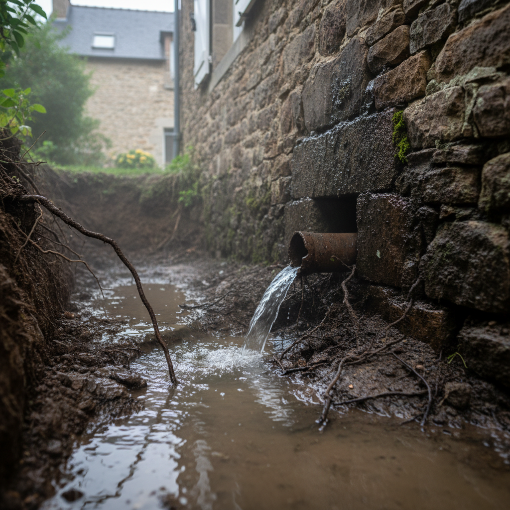 Fuite sur une canalisation enterrée avec eau s'infiltrant dans le sol