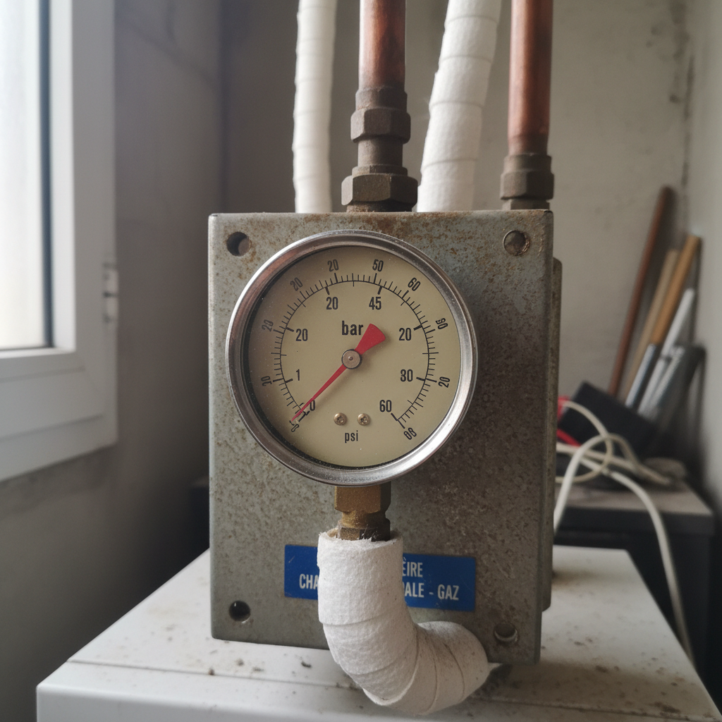Manomètre de chaudière affichant une pression basse en dessous de 1 bar, signe de fuite de chauffage
