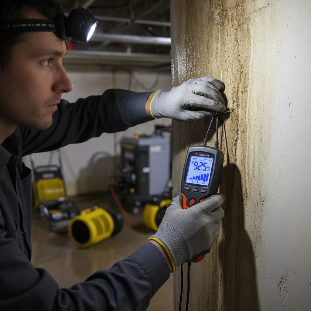 Technicien mesurant l'humidité d'un mur avec un testeur professionnel