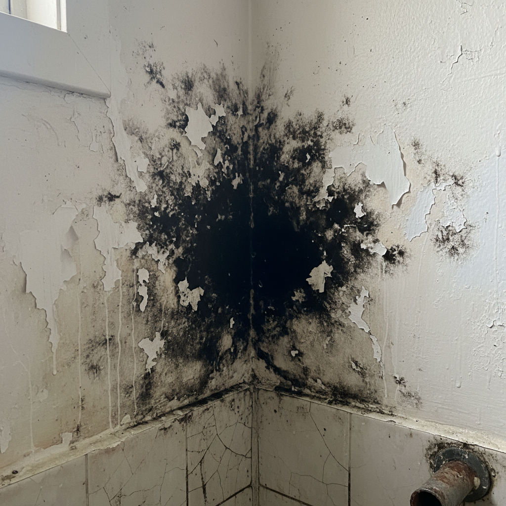 Moisissures noires sur un mur de salle de bain causées par une fuite d'eau cachée