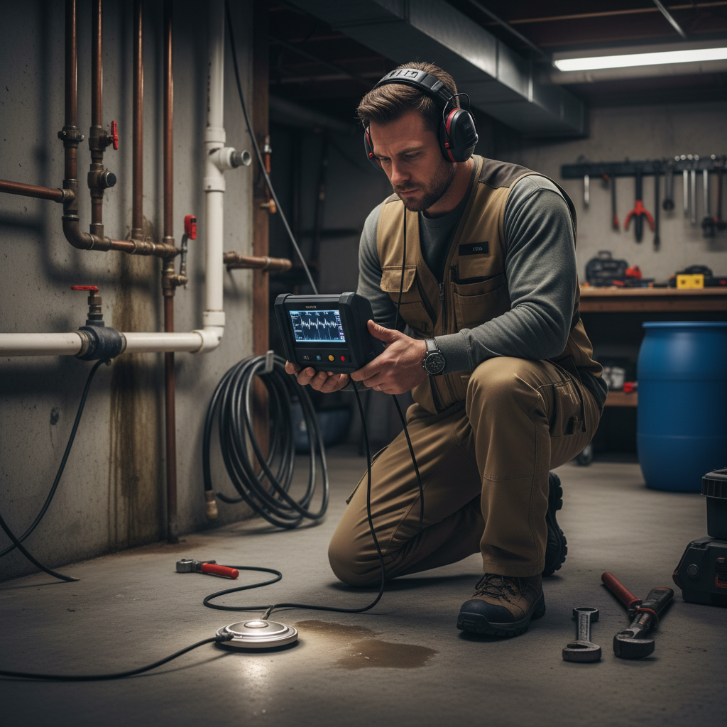 Technicien utilisant un microphone de sol pour détecter une fuite d'eau enterrée par écoute électroacoustique