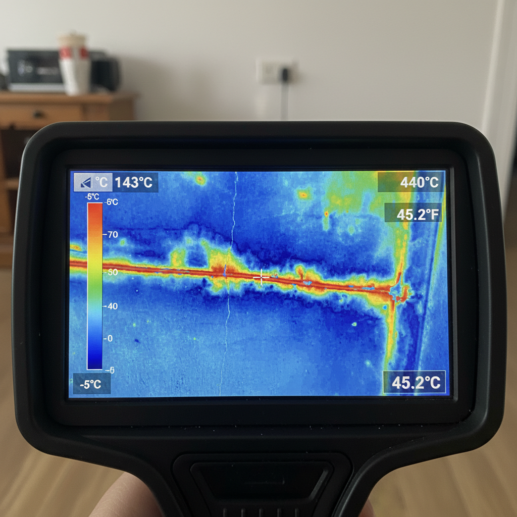 Thermogramme infrarouge montrant une fuite d'eau cachée derrière un mur en couleurs bleu et rouge