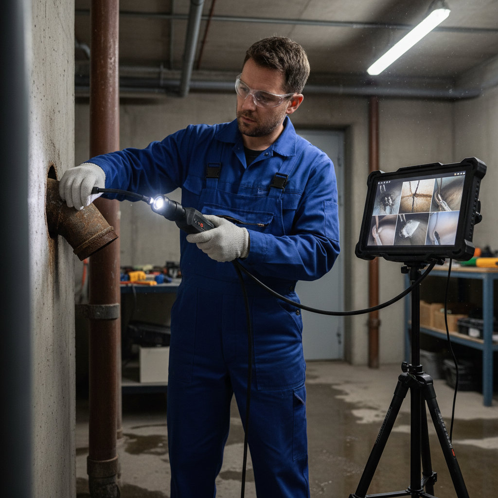 Technicien insérant une caméra endoscopique dans une canalisation d'évacuation pour inspection