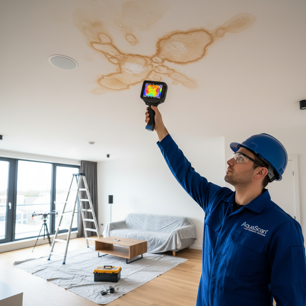 Technicien inspectant un plafond avec une caméra thermique pour détecter une infiltration d'eau