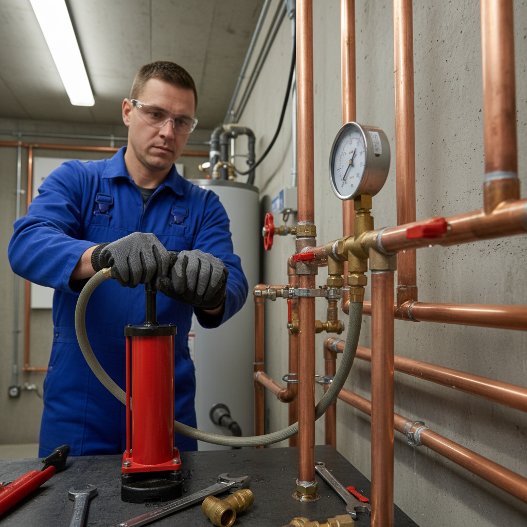 Test de pression sur canalisations en cuivre avec pompe d'épreuve et manomètre
