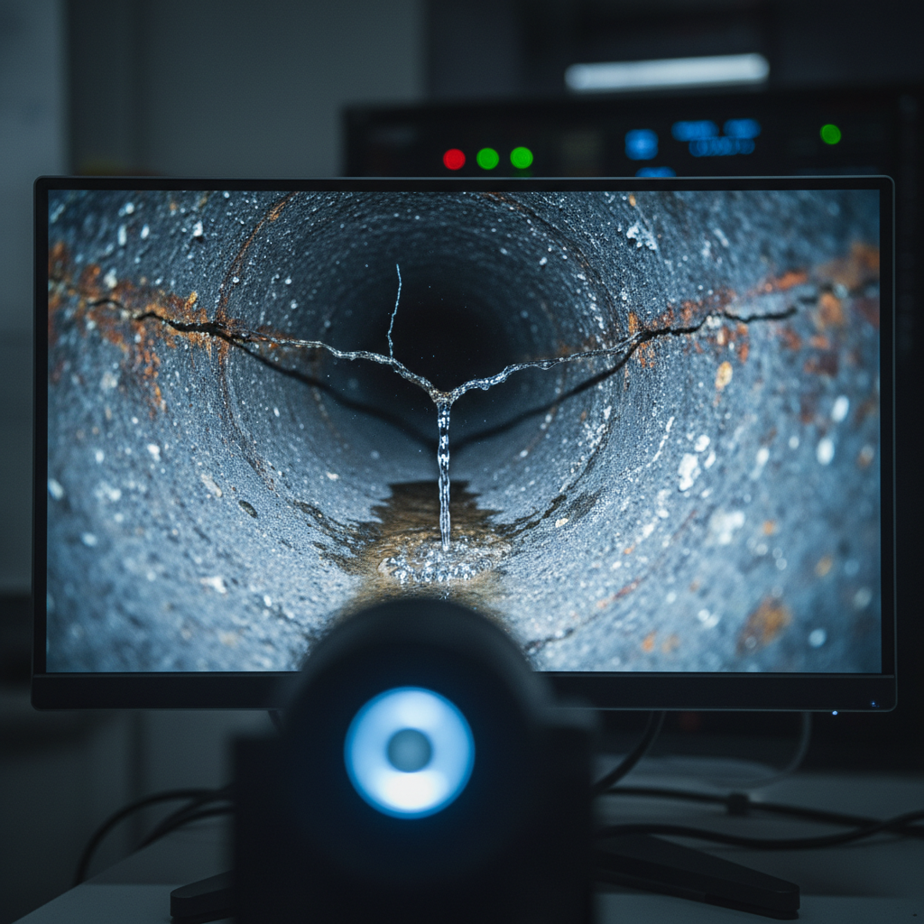 Vue de l'intérieur d'une canalisation filmée par caméra endoscopique montrant une fissure et une infiltration